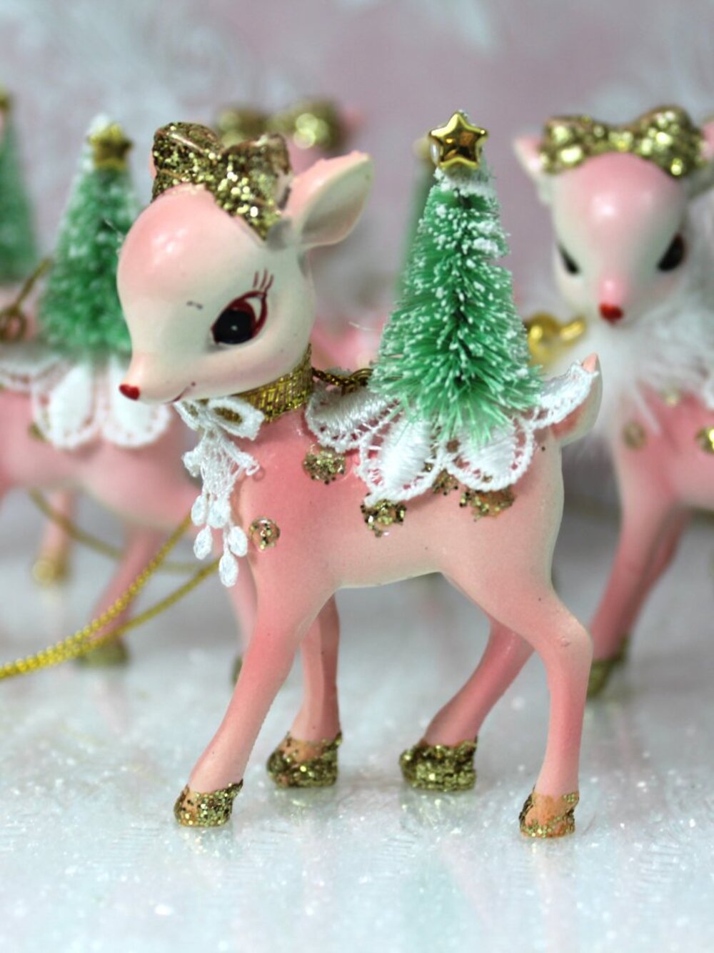 Pink Deer Christmas Ornaments - Retro Vintage Style - Set of 6